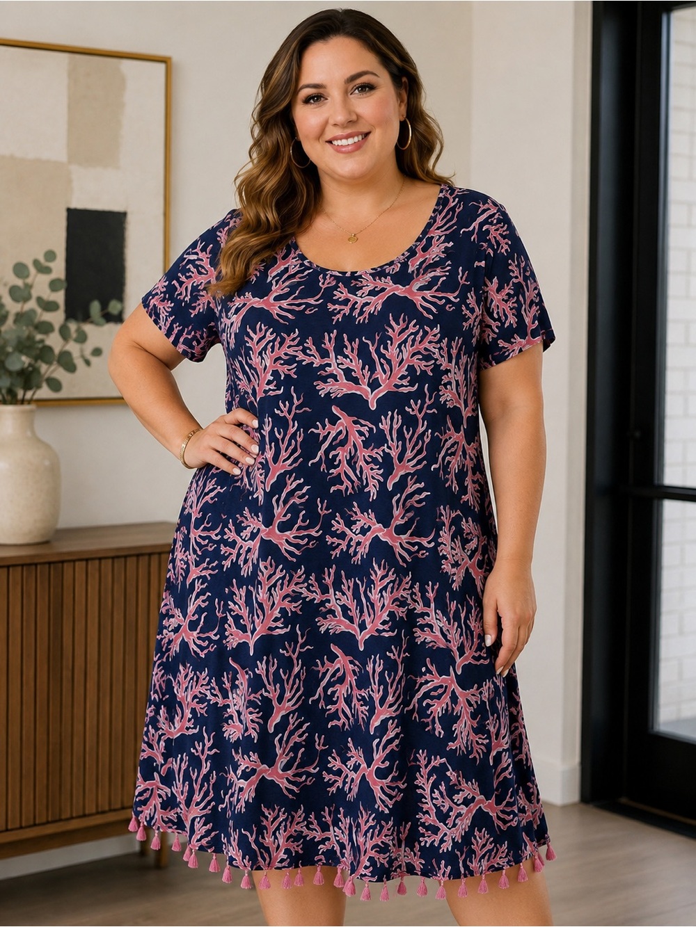 Simply Southern Navy Dress with Pink Coral Print and Tassel Hem